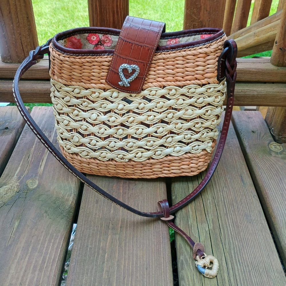 Vintage 90s Brighton Woven Wicker Straw Purse Shoulder Bag Brown Leather Strap